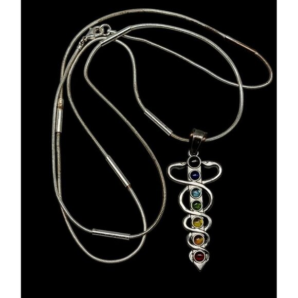 Chakra Healing Caduceus Pendant Necklace Faux Gemstones 35" Chain Silver Tone - Picture 8 of 16
